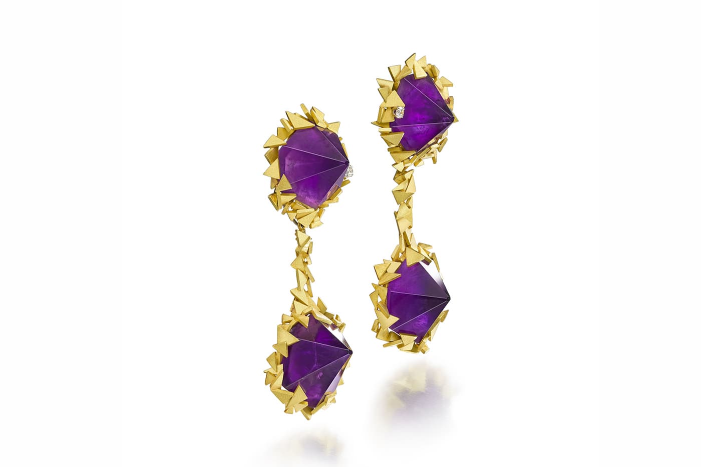  Amethyst pendant earrings in 18 carat gold, 1971, sold by Bonhams for £30,000 in 2017