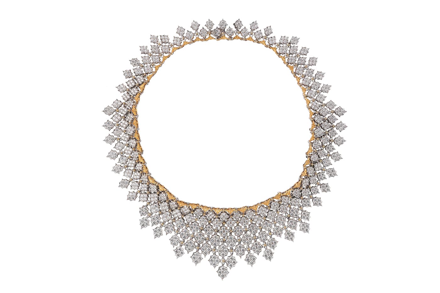  Buccellati high jewellery flexible bib necklace in white and yellow gold, set with 25.19 carats of diamonds