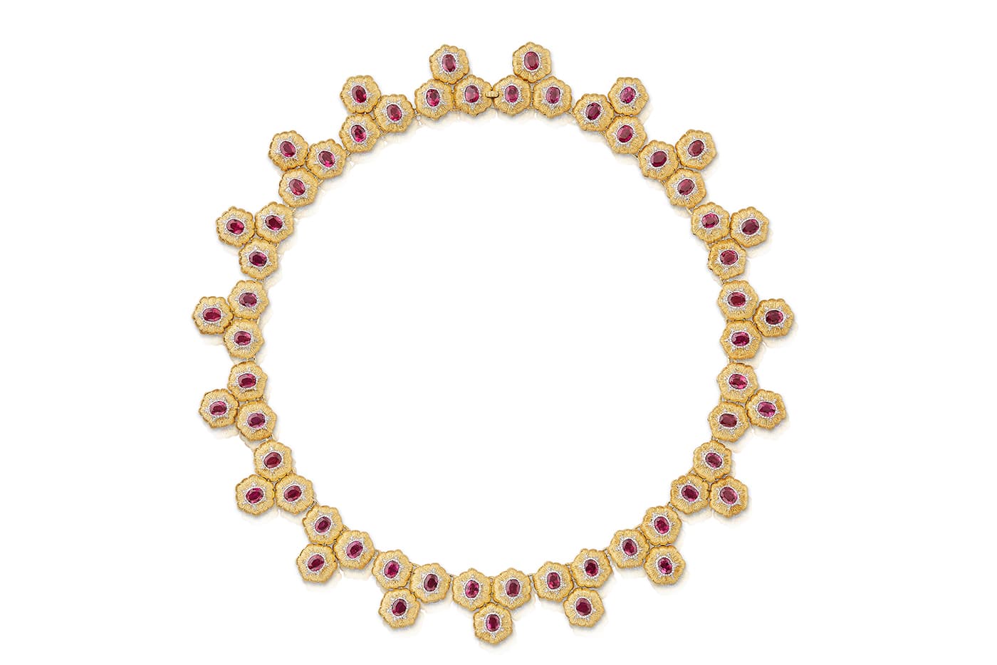  Buccellati high jewellery rigato engraved necklace, featuring two rows of daisies set with 23.05 carats of rubies