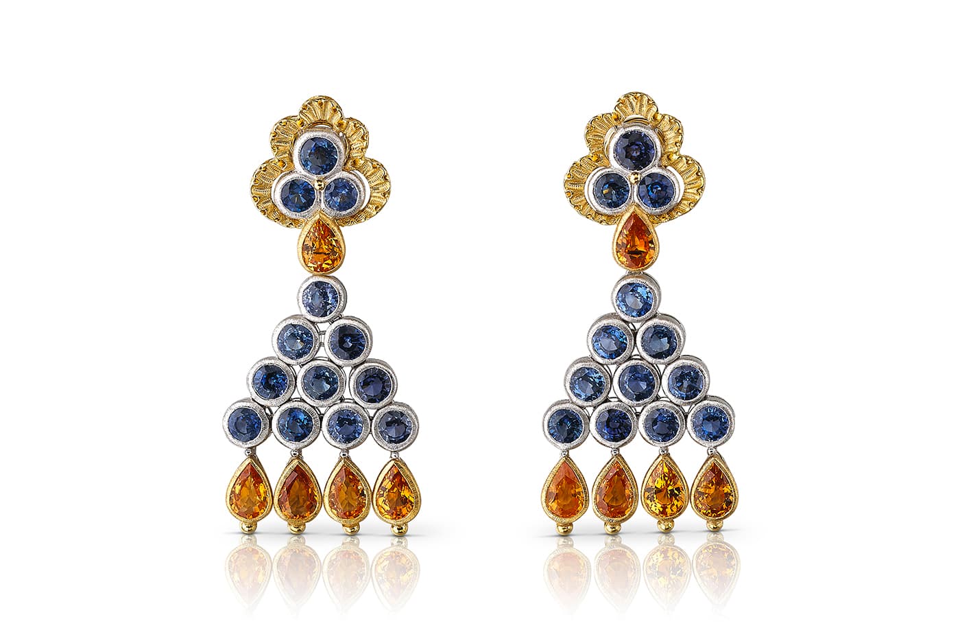  Buccellati high jewellery earrings, set with sapphires and spessartines