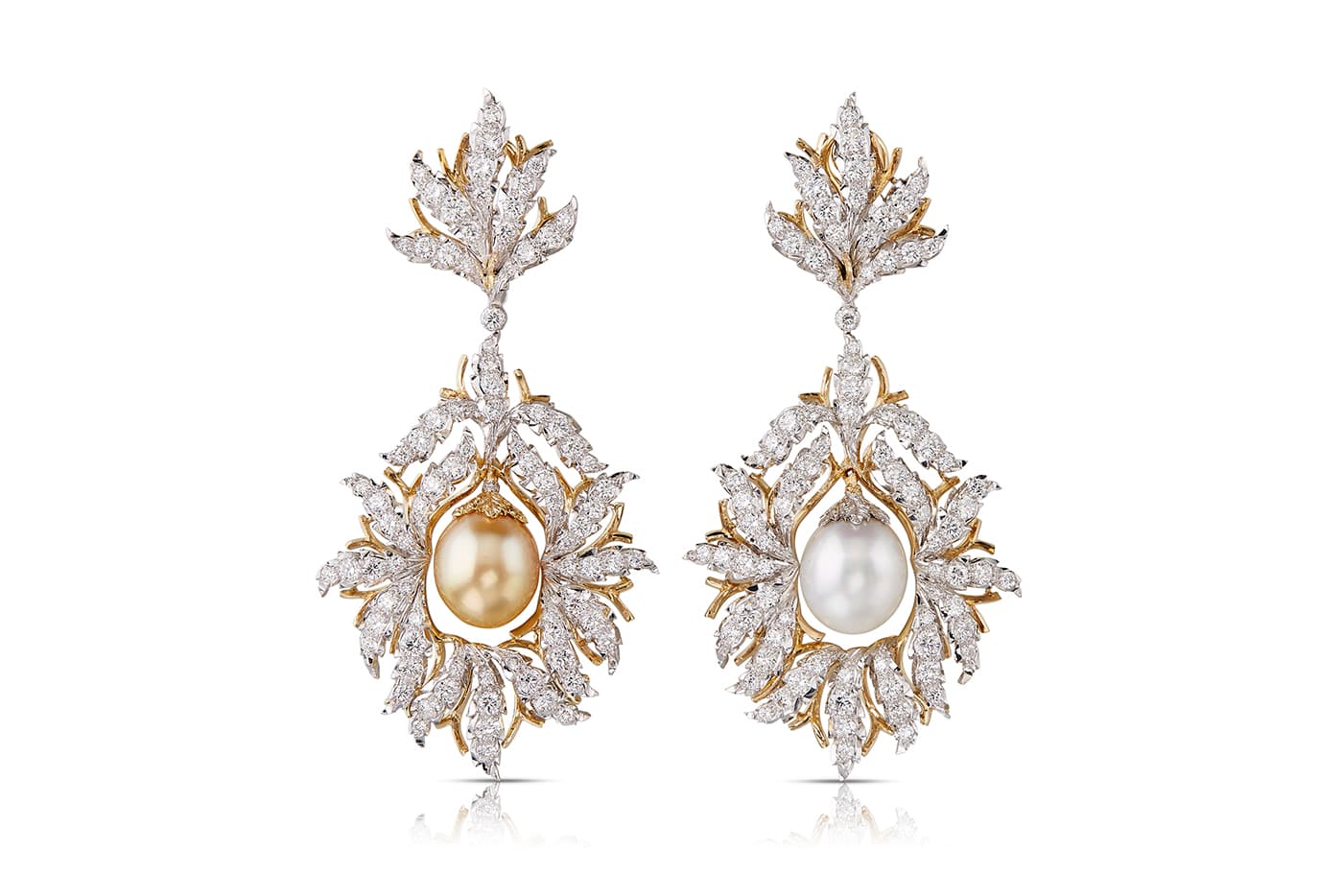 Buccellati high jewellery earrings, set with baroque pearls and diamonds and sfumato engraved on the reverse