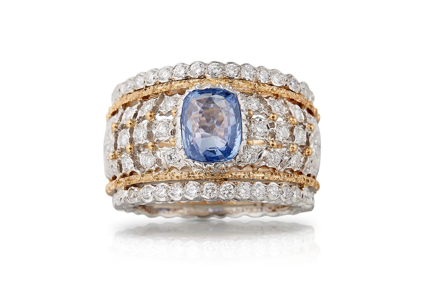  Buccellati high jewellery ring, rigato and ornato engraved, set with a 1.66 carat sapphire and diamonds