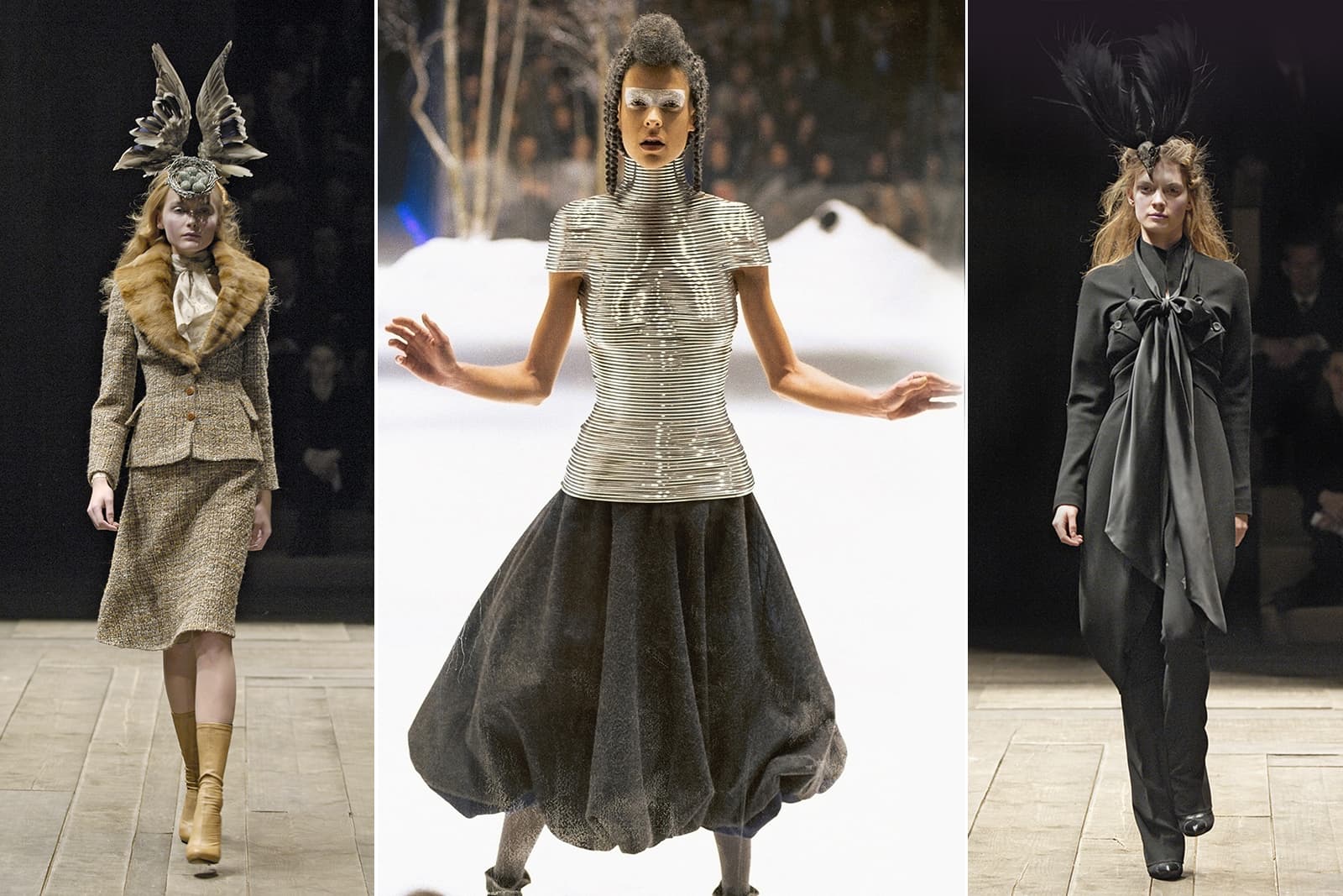 Alexander McQueen's catwalk shows were pure theatre, with Shaun Leane's creations, like his Coiled Corset, centre, adding to the drama