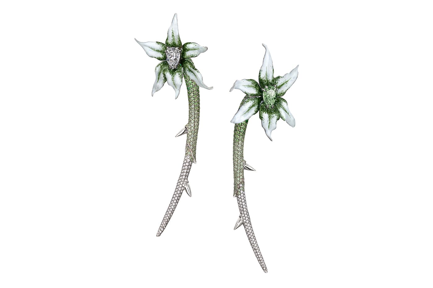 Shaun Leane Green Diamond Orchid earrings - a high jewellery interpretation of the designer's iconic hook design