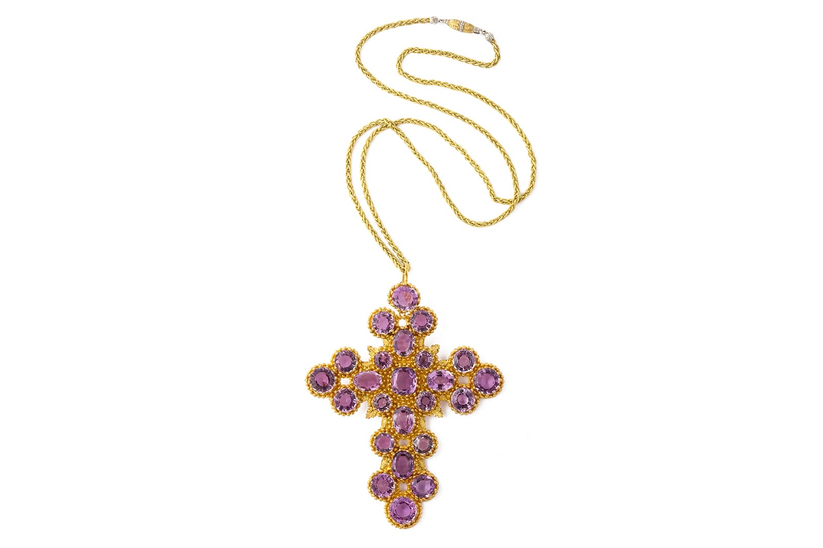  A La Vieille Russie's Georgian amethyst and gold cross pendant