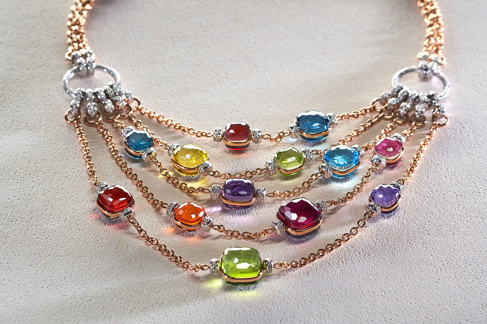  The Nudo Plastron necklace is set with a juicy combination of gems