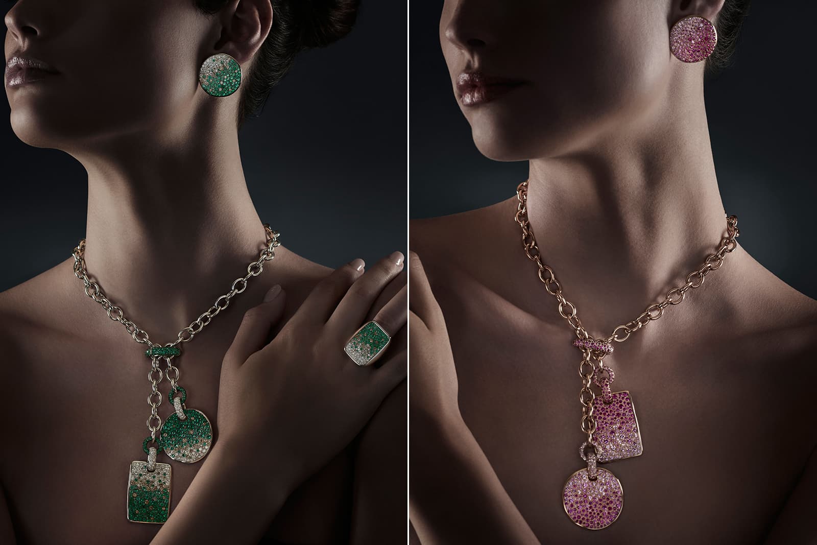 The organic curves of Pomellato's Pavé Sabbia necklaces are set with multi-tone emeralds and sapphires 