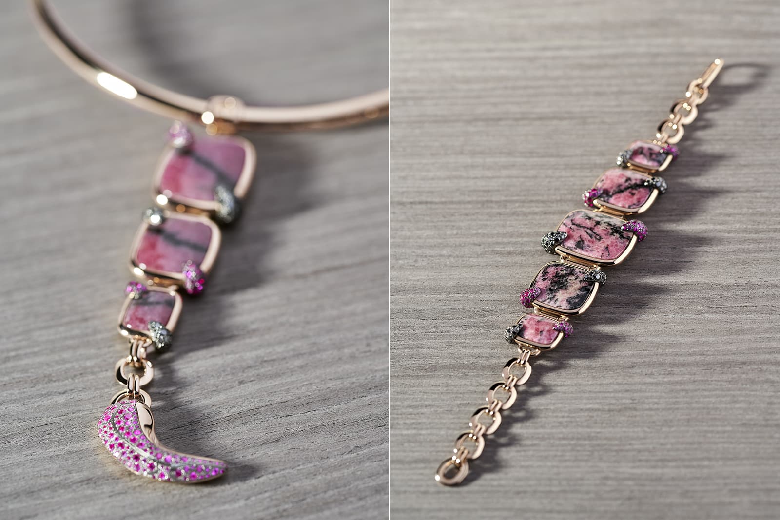 The raw beauty of rhodonite is showcased in the Mineralismo necklace 
