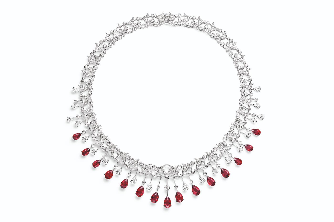  Chaumet Soir de Fête high jewellery necklace, set with 15 perfectly matched pear shape Pigeon's Blood rubies from Mozambique