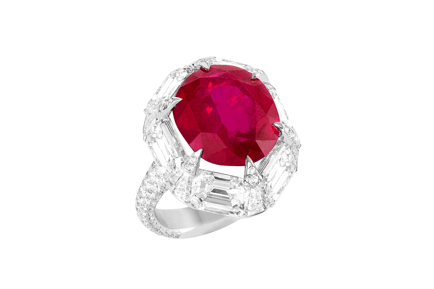 Boghossian ring set with a 16.22 carat East African unheated ruby and diamonds in 18 carat white gold