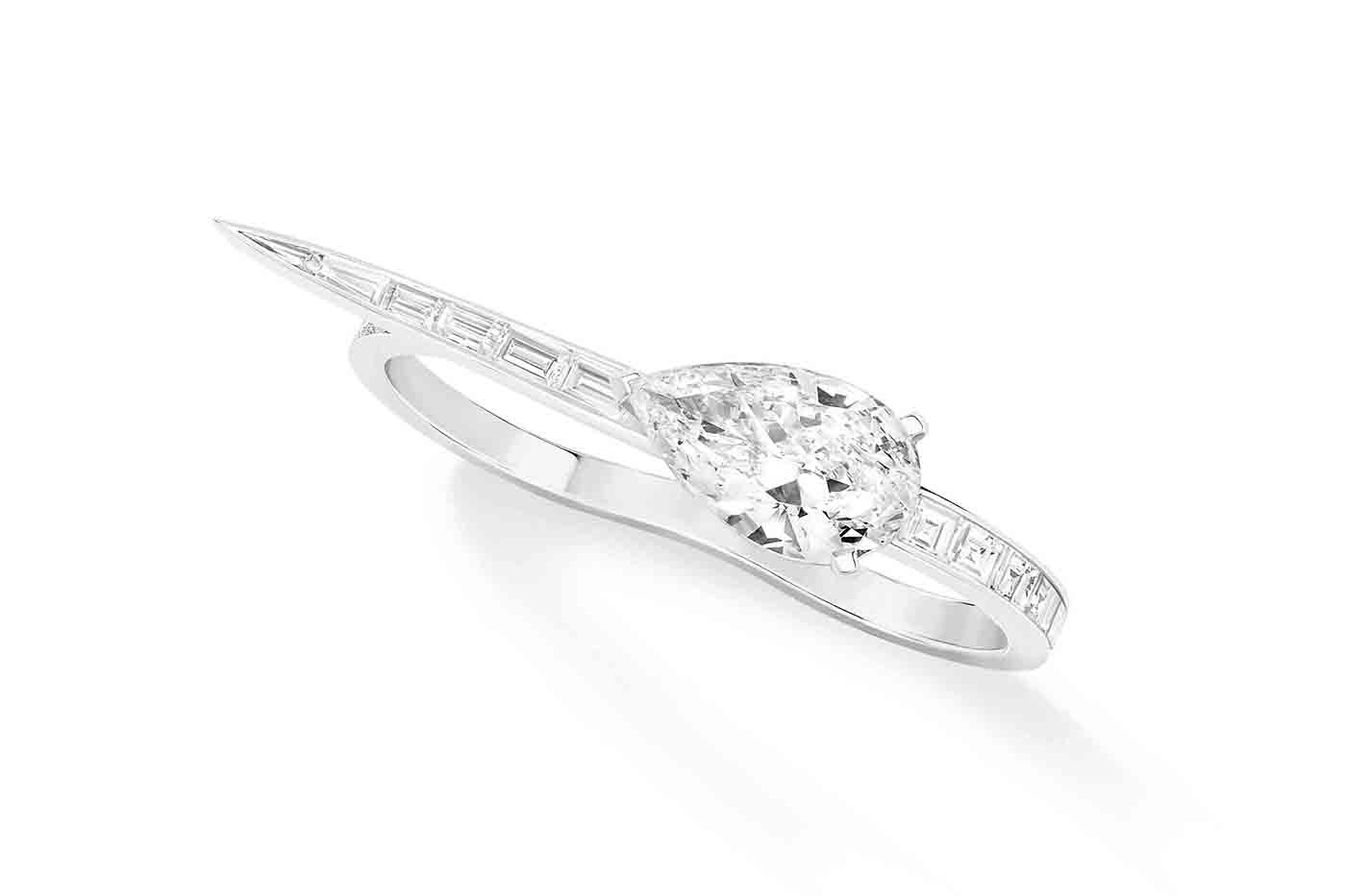  Messika Voltige Equilizer high jewellery ring, set with a 5.04 carat pear shape diamond