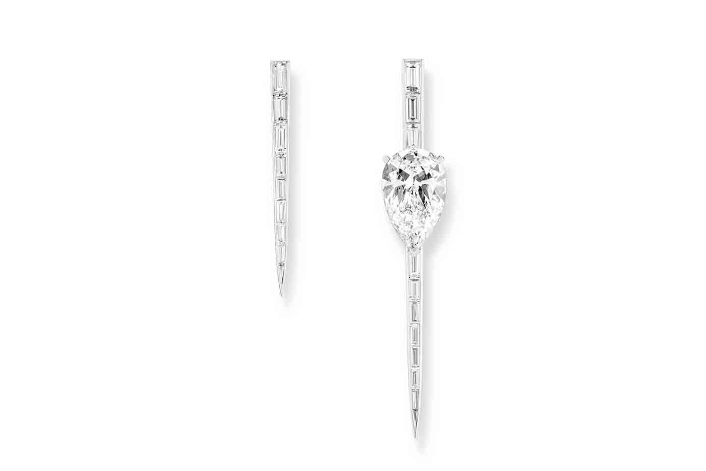  Messika Voltige Equilizer high jewellery earrings, set with a 10.03 carat pear shape diamond
