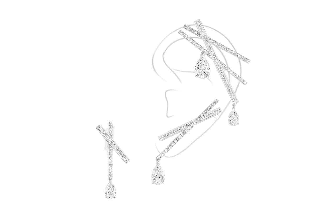 Asymmetric Voltige Illusionistes high jewellery earrings by Messika, set with 7.86 carats of diamonds