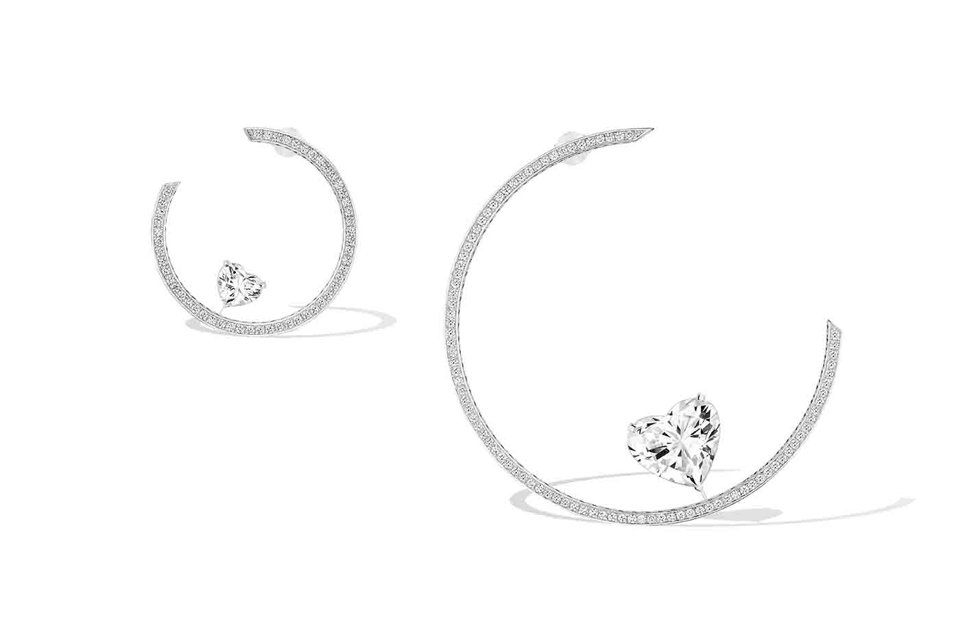  Messika Voltige Bascules diamond high jewellery hoop earrings, set with two heart shape diamonds