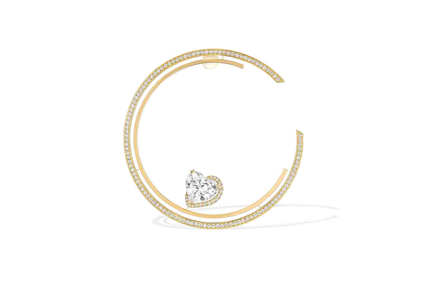  Messika Voltige Bascules single hoop earring, set with a 5.08 carat D colour Internally Flawless heart shape diamond