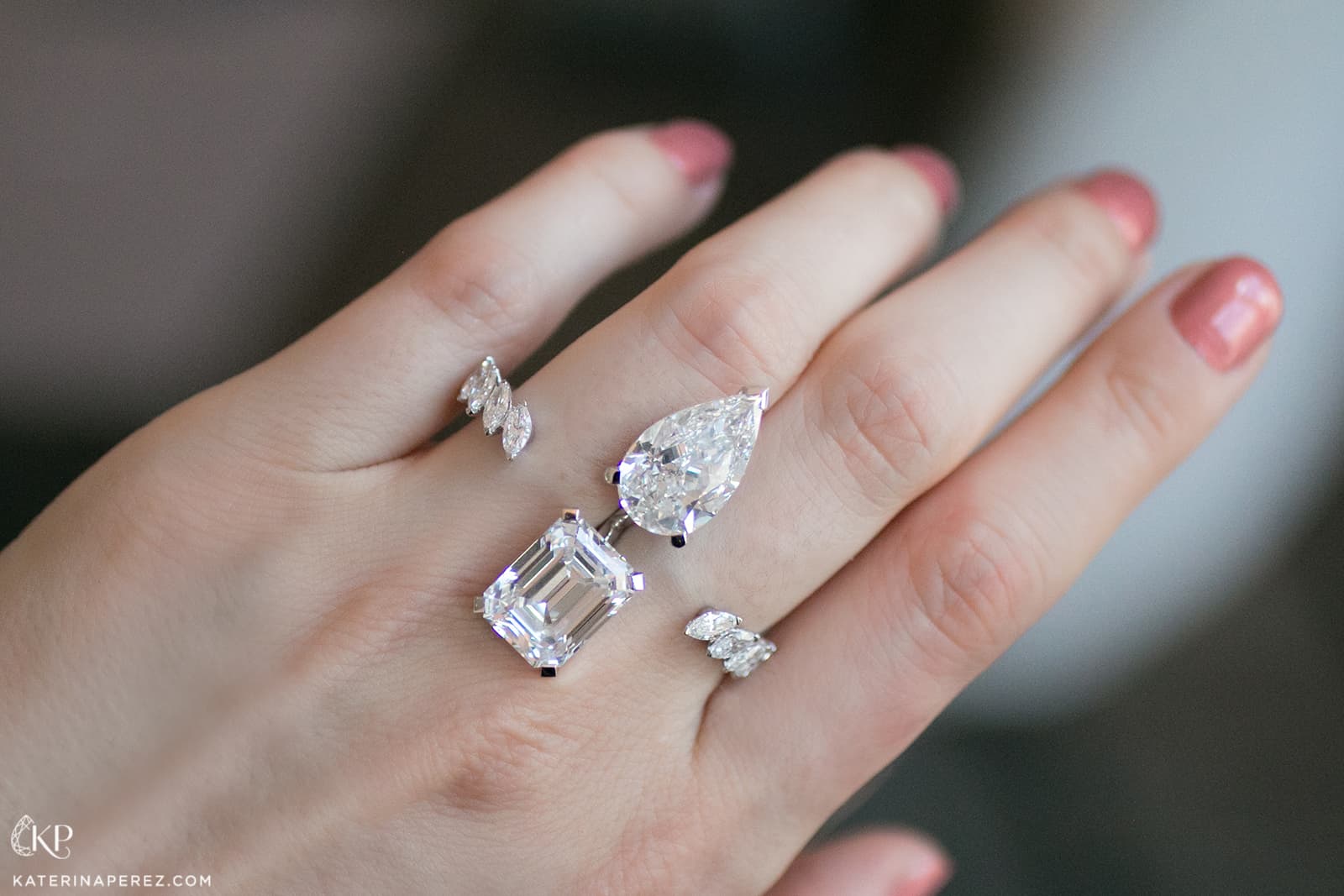 Inspired by circus acrobats, the diamonds appears to float upon the skin in this two-finger ring from Messika's Voltige high jewellery collection
