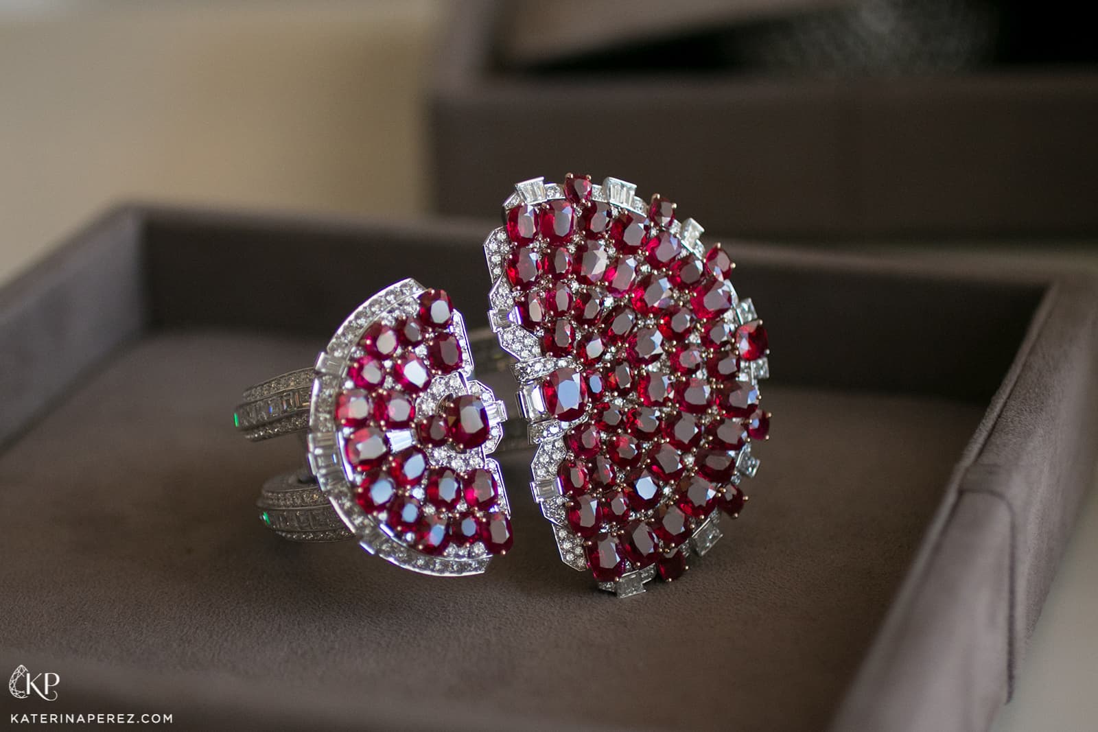  Impeccably colour matched, the Burmese rubies were recut by Van Cleef & Arpels into cushion shapes to mirror Marlene Dietrich's original cuff