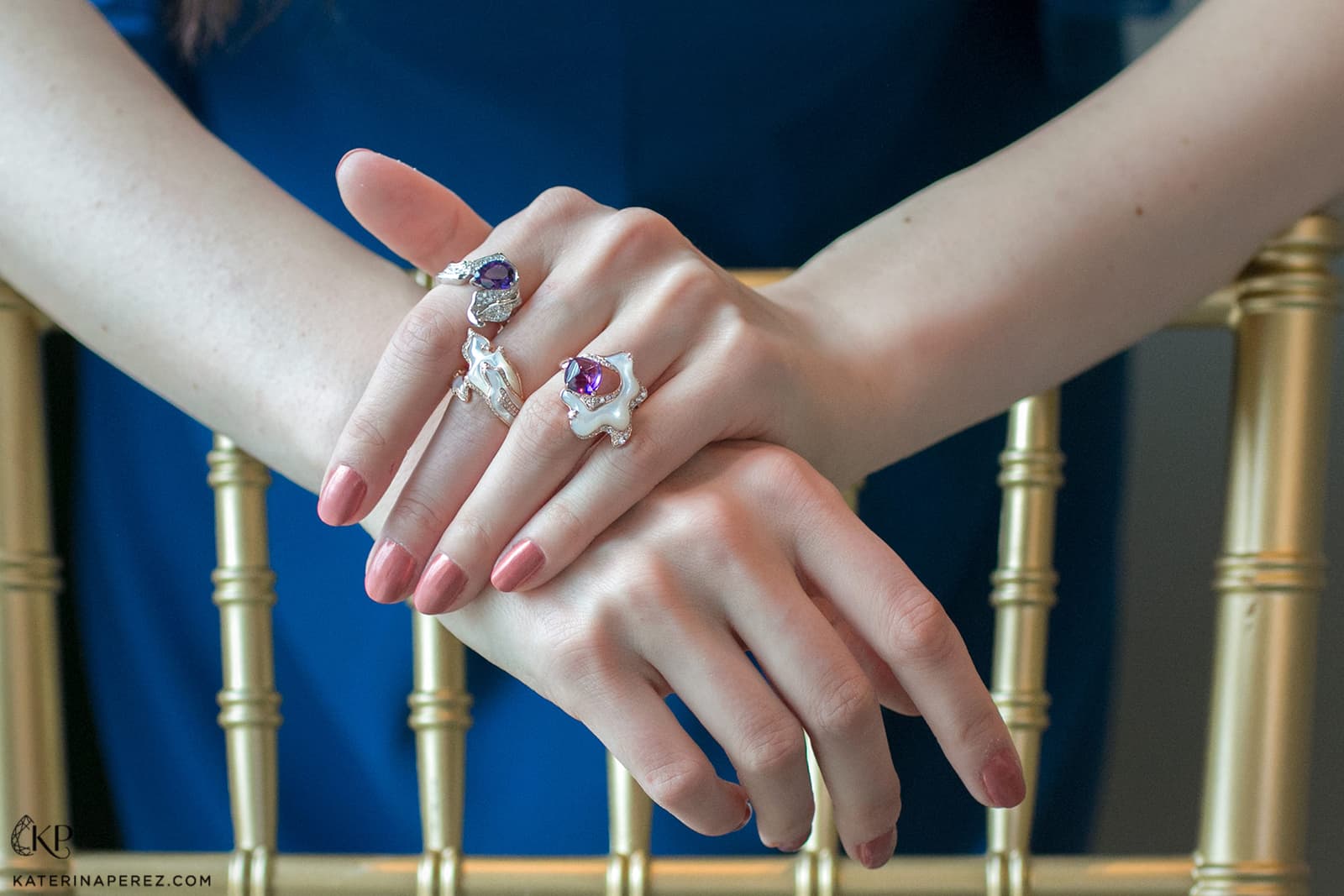  Simone Jewels x Katerina Perez rings set with amethysts, sapphires, mother of pearl and diamonds in recycled gold