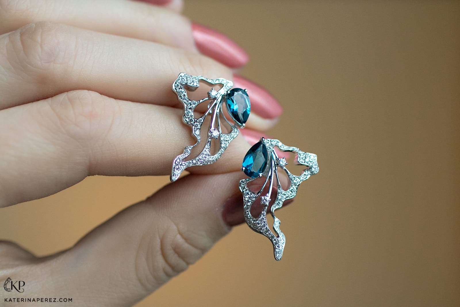  Simone Jewels x Katerina Perez earrings with blue topaz and diamonds in recycled white gold