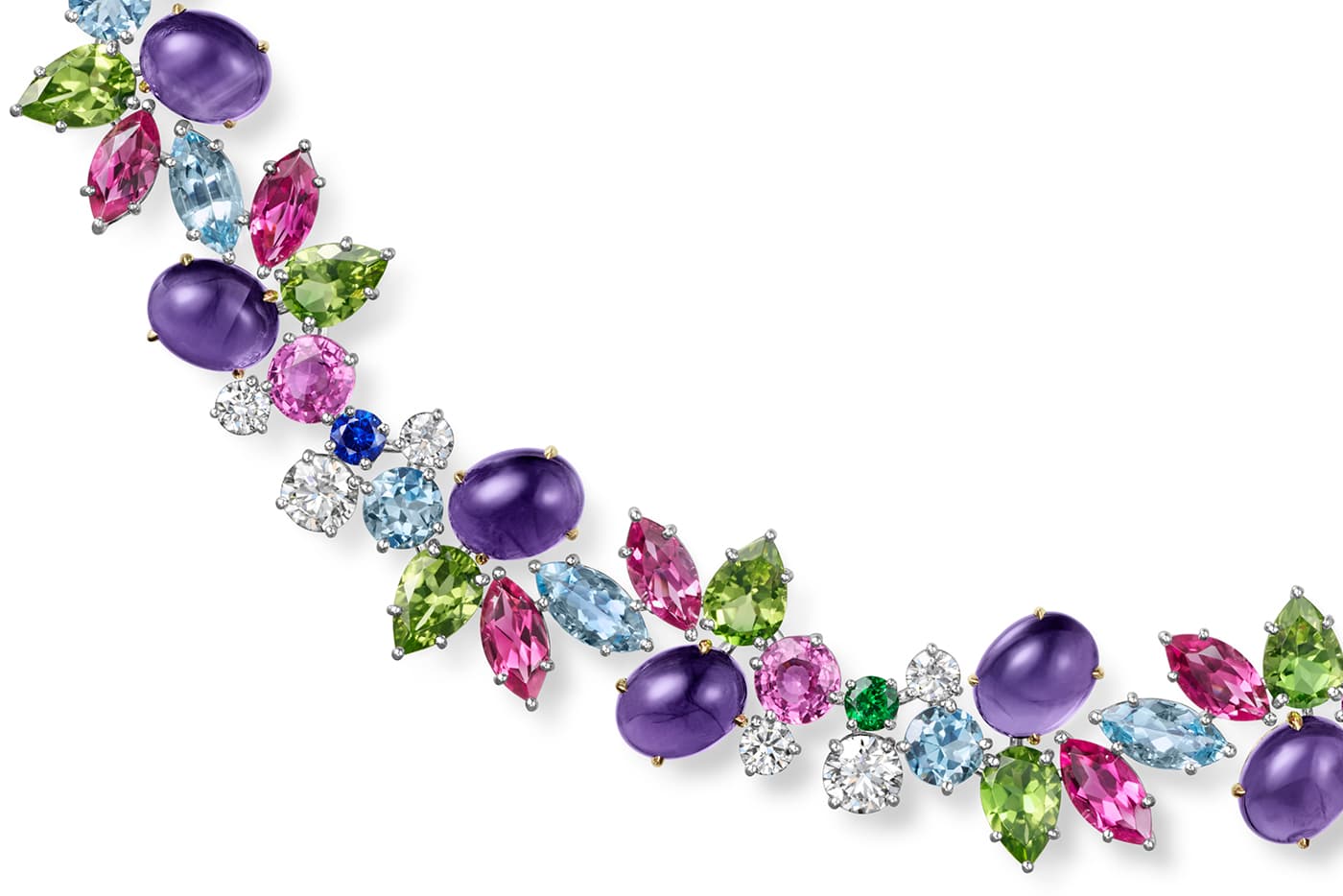 Harry Winston Bloom Wreath high jewellery necklace, set with cabochon amethysts, rubellites, aquamarines, sapphires, peridots and diamonds