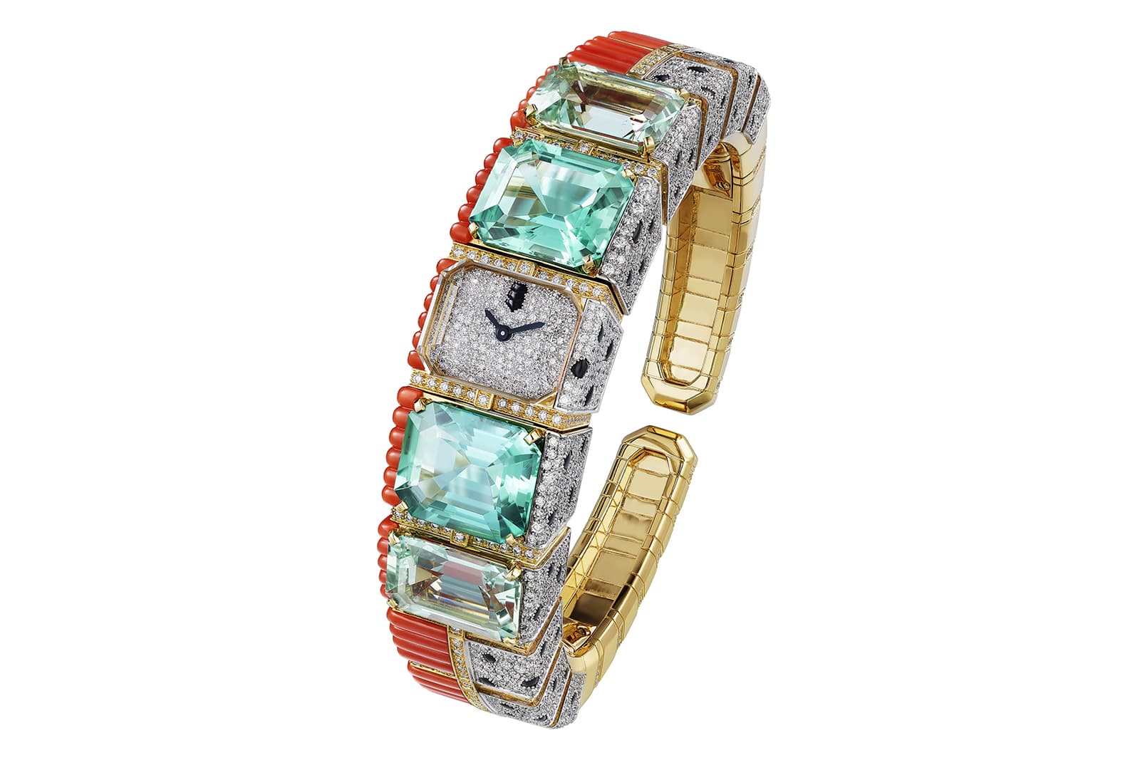  In the style of a high jewellery cuff, the space that would feature a fifth gem if it were a jewel has been replaced by a miniature diamond-set dial