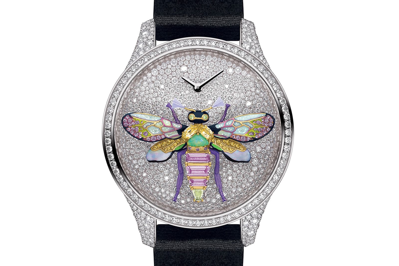 A charming bee adorns the dials of Dior's new Grand Soir Queen Bee high jewellery watch collection