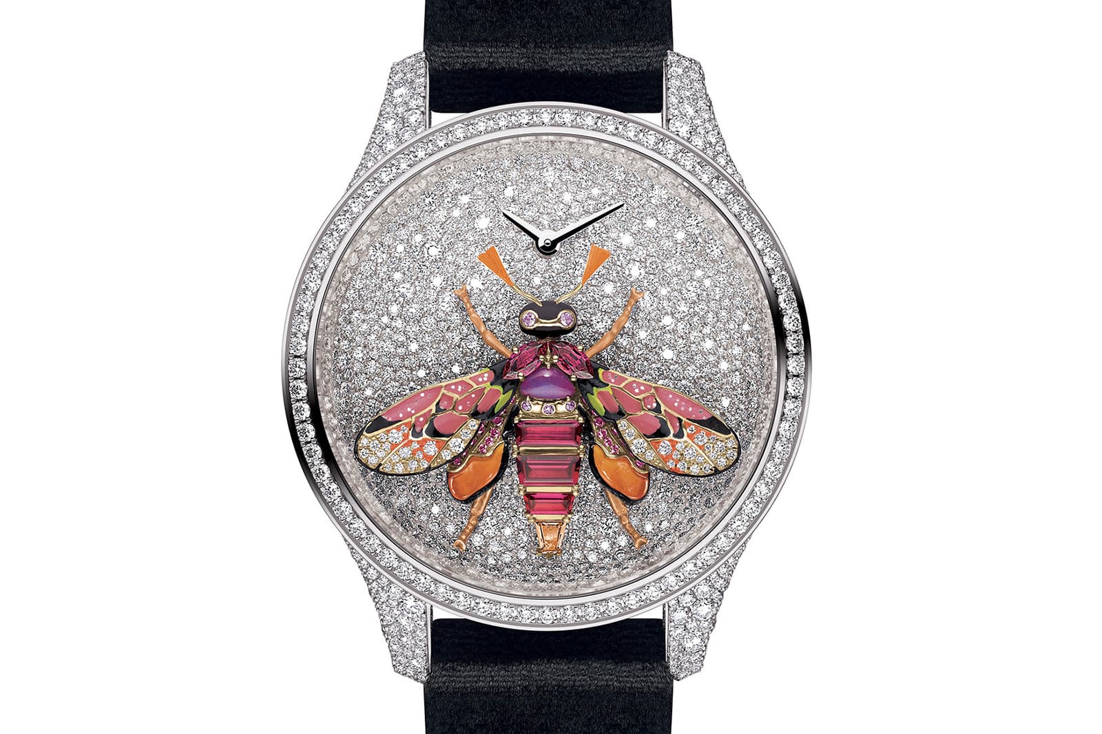  Every inch of the dial and the lugs is snow set with diamonds