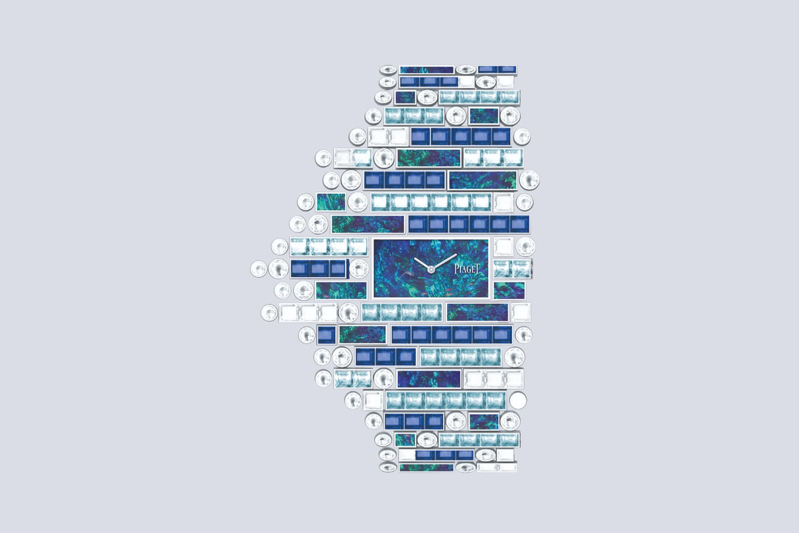  A gouache of the timepiece reveals the different gems that will feature in the final creation, chosen because they swim with watery colours