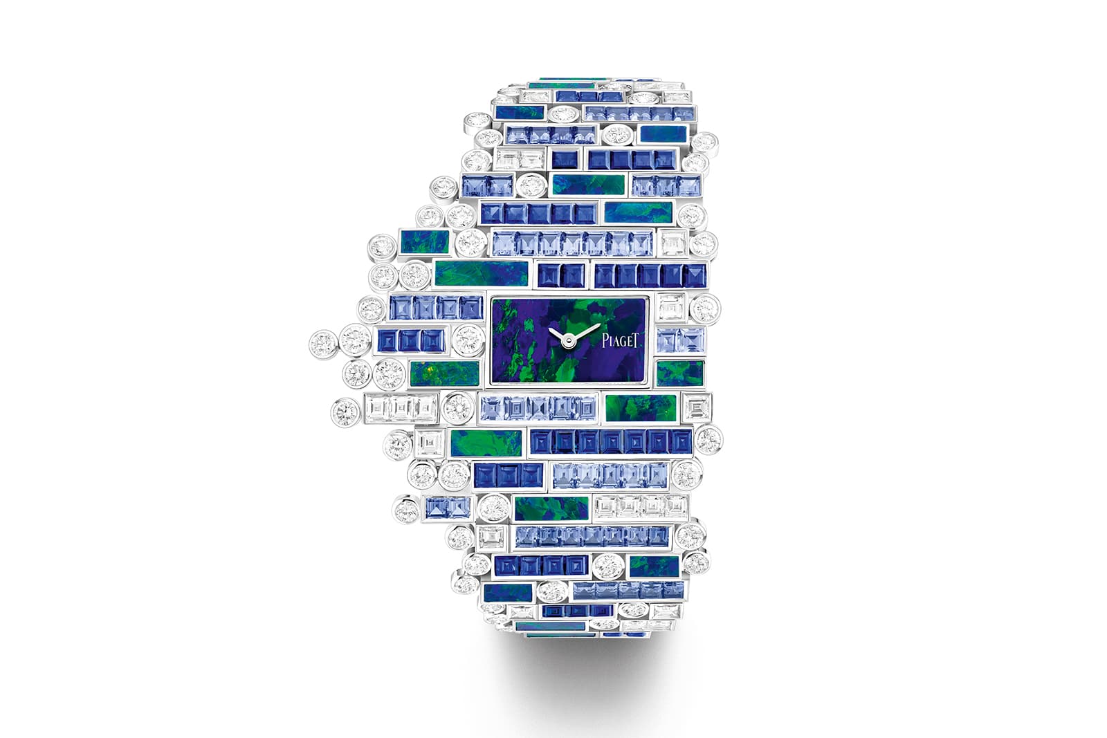 Rows of blue-green Australian opals, sapphires and round diamonds flow up the wrist, punctuated by a rectangular opal dial