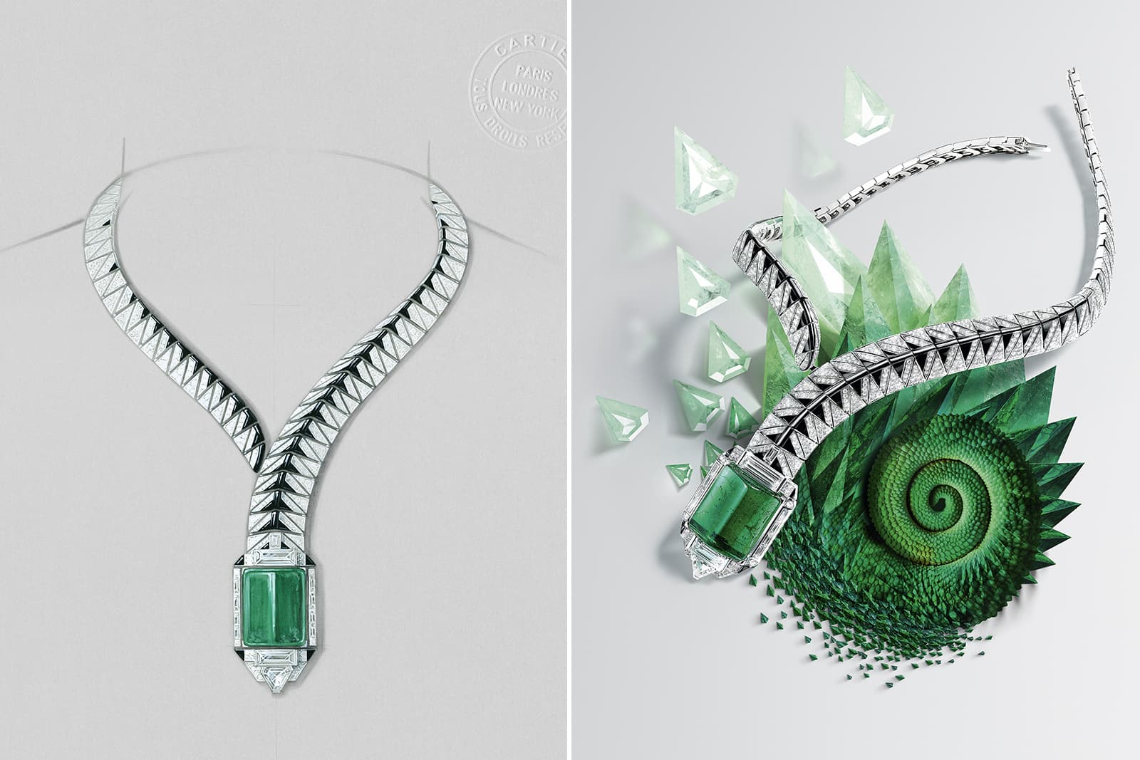 cartier diamond emerald snake necklace