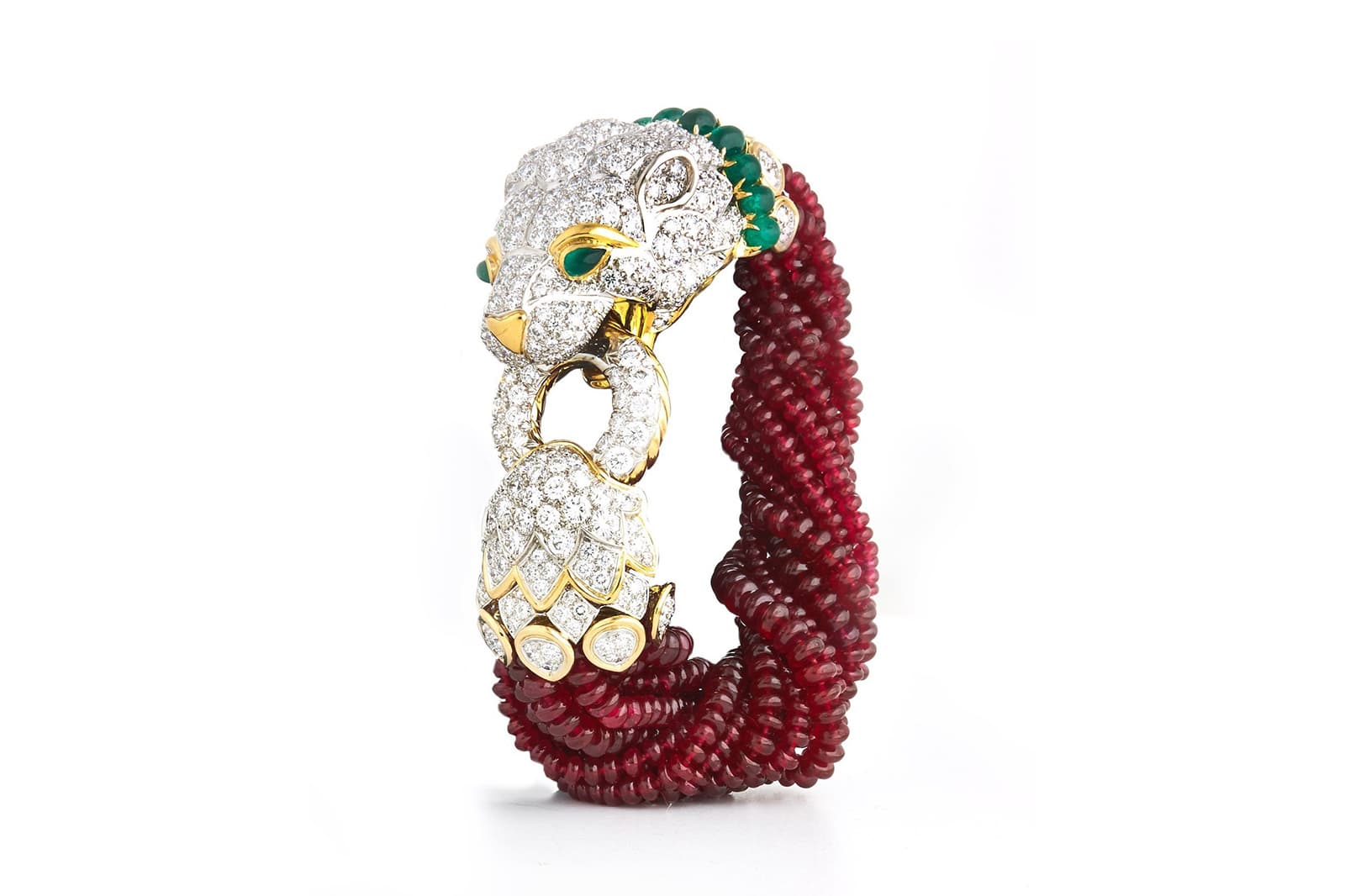  Another version of the David Webb Elizabeth Taylor Lion bracelet with ruby beads, diamonds and emeralds