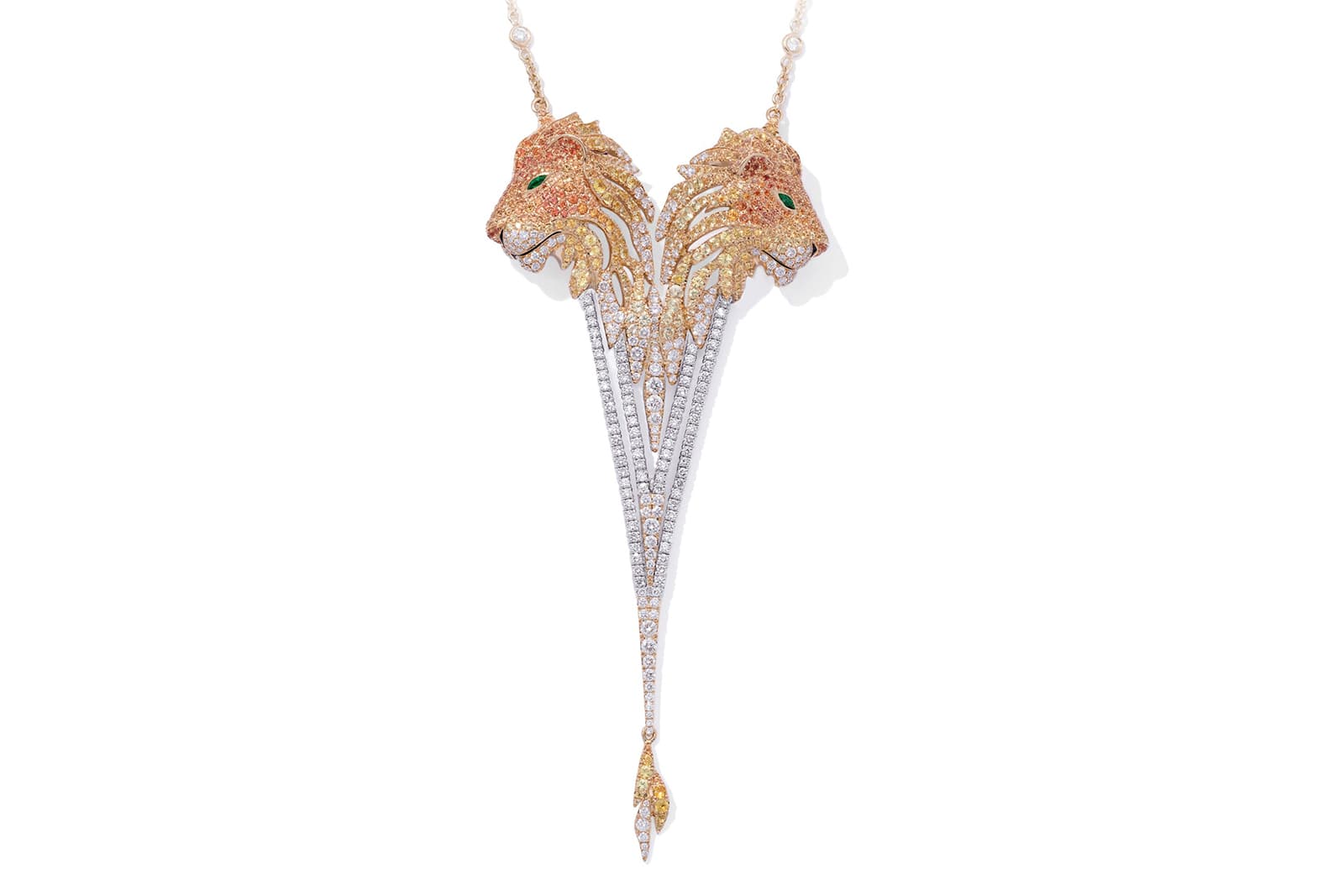 A third Savages pendant features two lion heads, brought to colourful life in yellow and orange sapphires