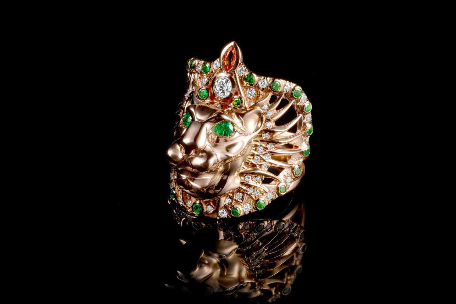  Volund diamond, orange sapphire, emerald and tsavorite Lioness ring in 18 carat rose gold