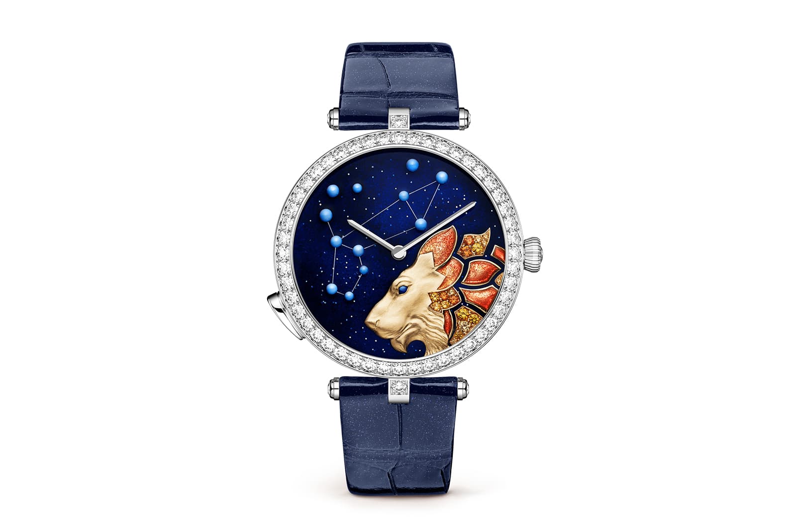  The enamelled blue dial bears a relief image of a lion, with its luxuriant mane formed of yellow sapphires and spessartines