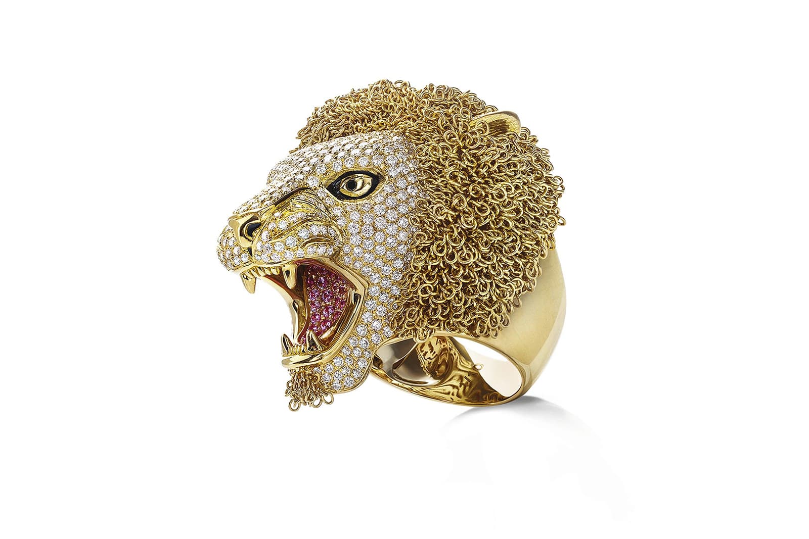 Roberto Coin captures the ferocity of the king of beasts with its diamond and ruby Lion ring in 18 carat yellow gold