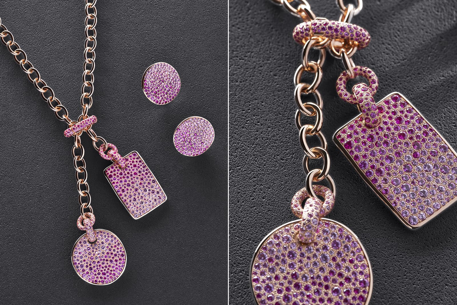  Suspended from the rose gold chains are pink sapphire and ruby pendants
