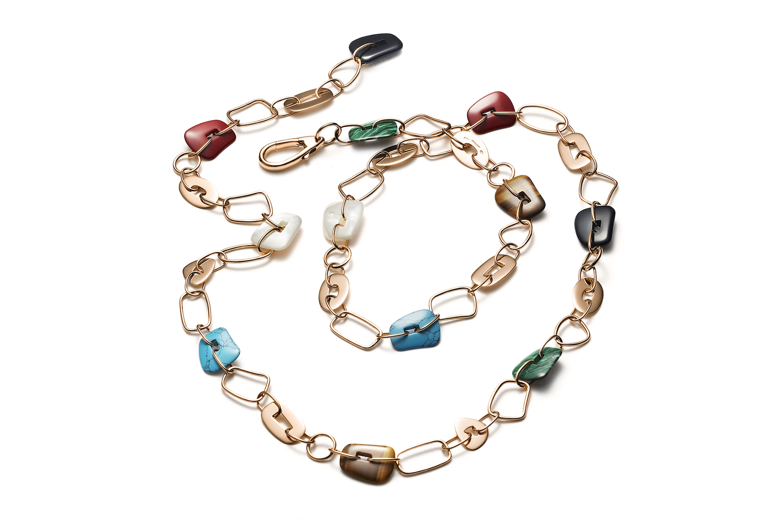 Mattioli's Puzzle chain alternates gold and hardstone links in different shapes and sizes