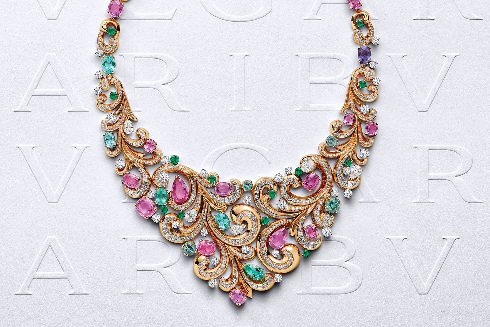 The Lady Arabesque necklace features unexpected shapes and bold combinations of colours 