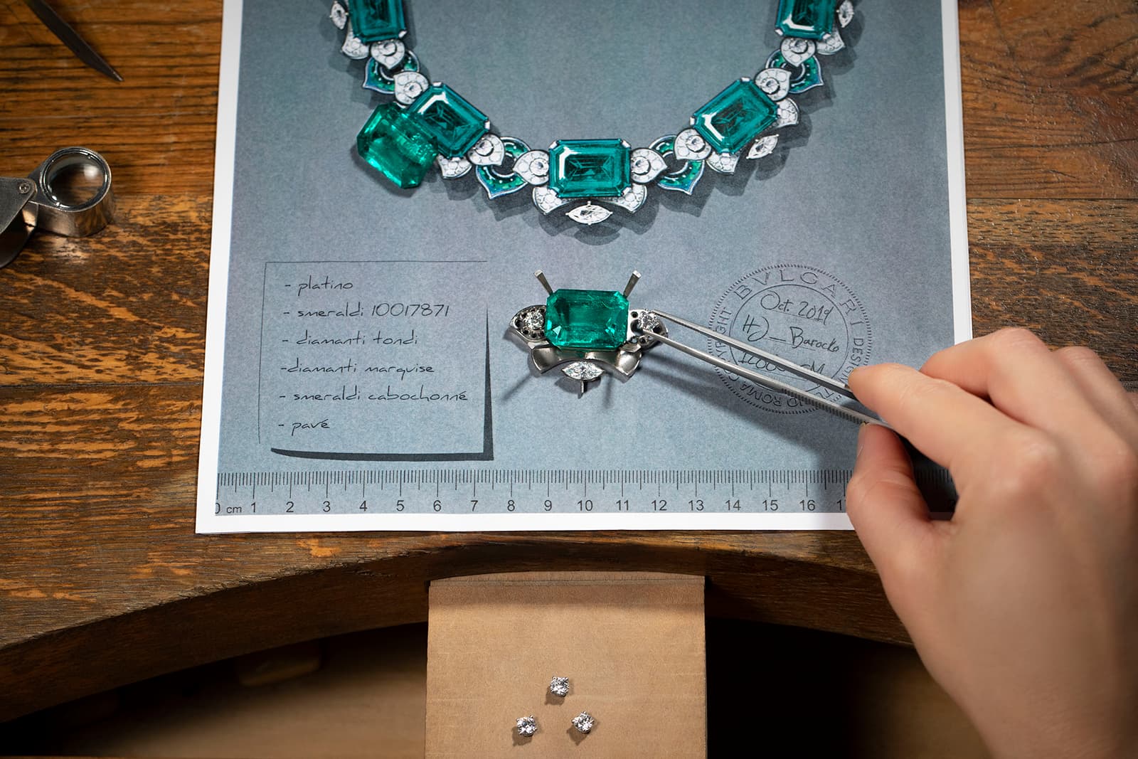 A gouache painting of the Green Dream high jewellery necklace, inspired by the Italian painter Caravaggio