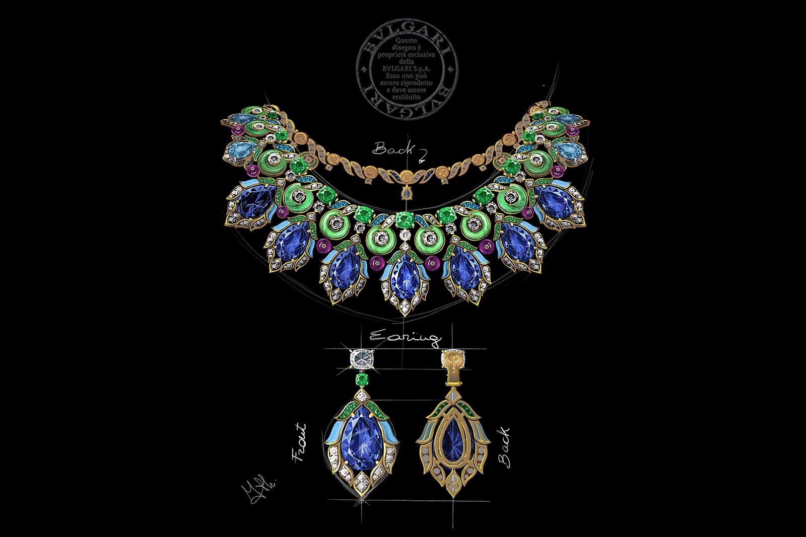 Bvlgari Barocko Peacock high jewellery necklace and earrings. The gemstones mimic  the peacock’s shimmering blue and green plumage