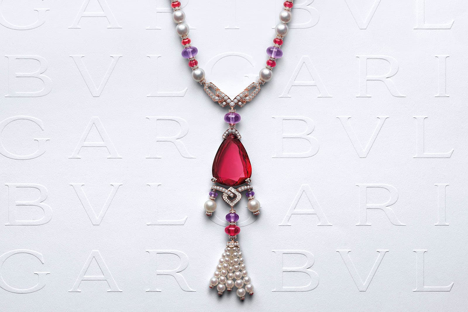  Bvlgari Barocko Lady Rubellite high jewellery necklace, set with a 60.79 carat pear shape rubellite, Akoya pearls, amethyst beads, rubellites and diamonds