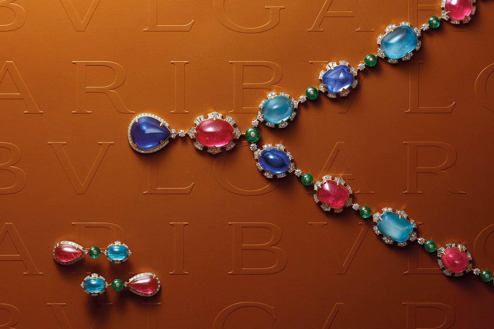  Bvlgari Barocko Cabochon Exuberance high jewellery necklace, set with cabochon tanzanites, tourmalines and aquamarines, emerald beads and diamonds 