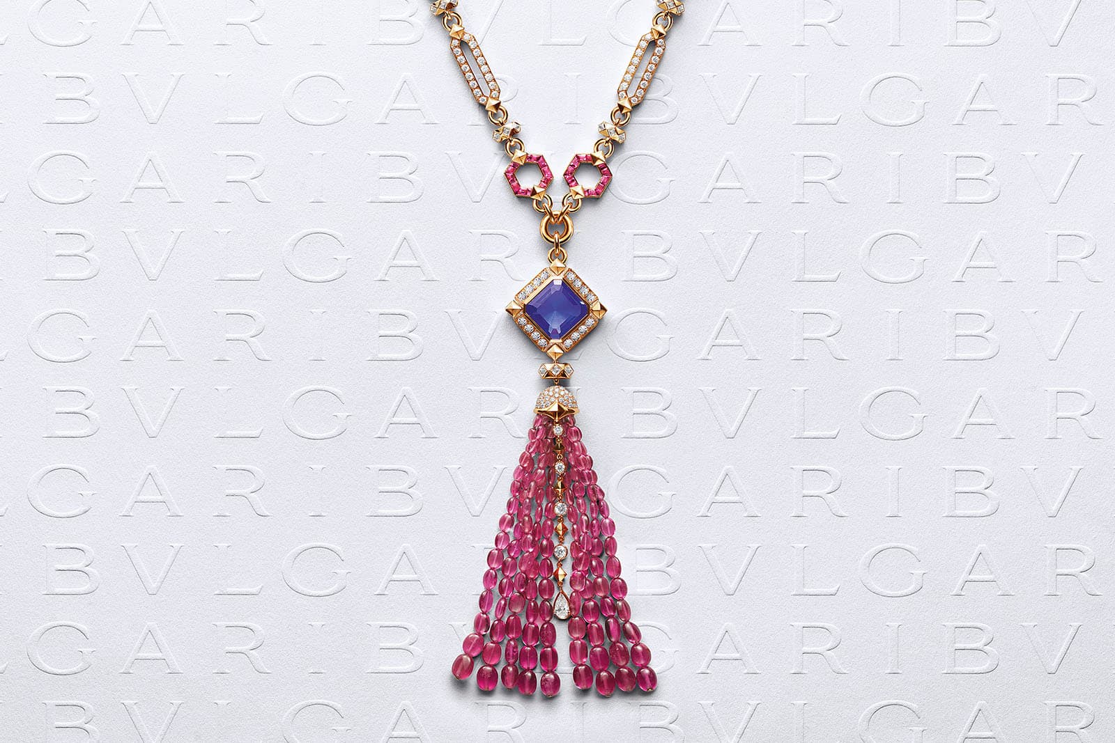  Bvlgari Barocko Rocking Tassel high jewellery necklace, set with an octagonal cut tanzanite, rubies, sapphires, diamonds and pink tourmaline beads