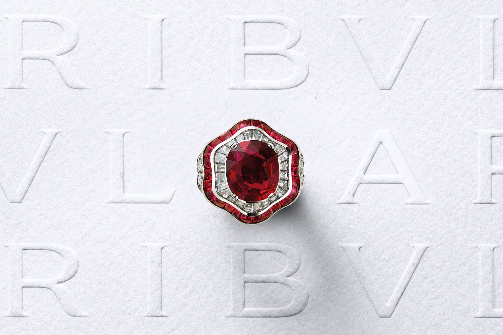  Bvlgari Barocko Ruby Drapery high jewellery ring, set with a 5.05 carat antique cushion cut ruby and diamonds
