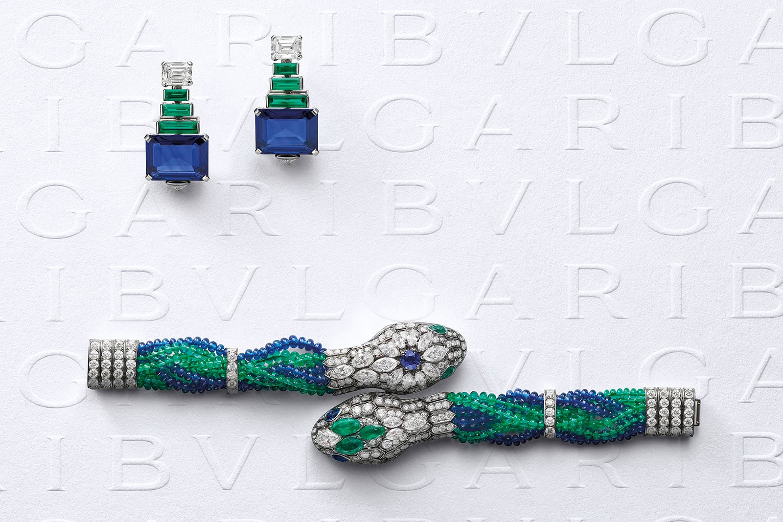  Bvlgari Barocko high jewellery Serpenti bracelet and sapphire, emerald and diamond earrings