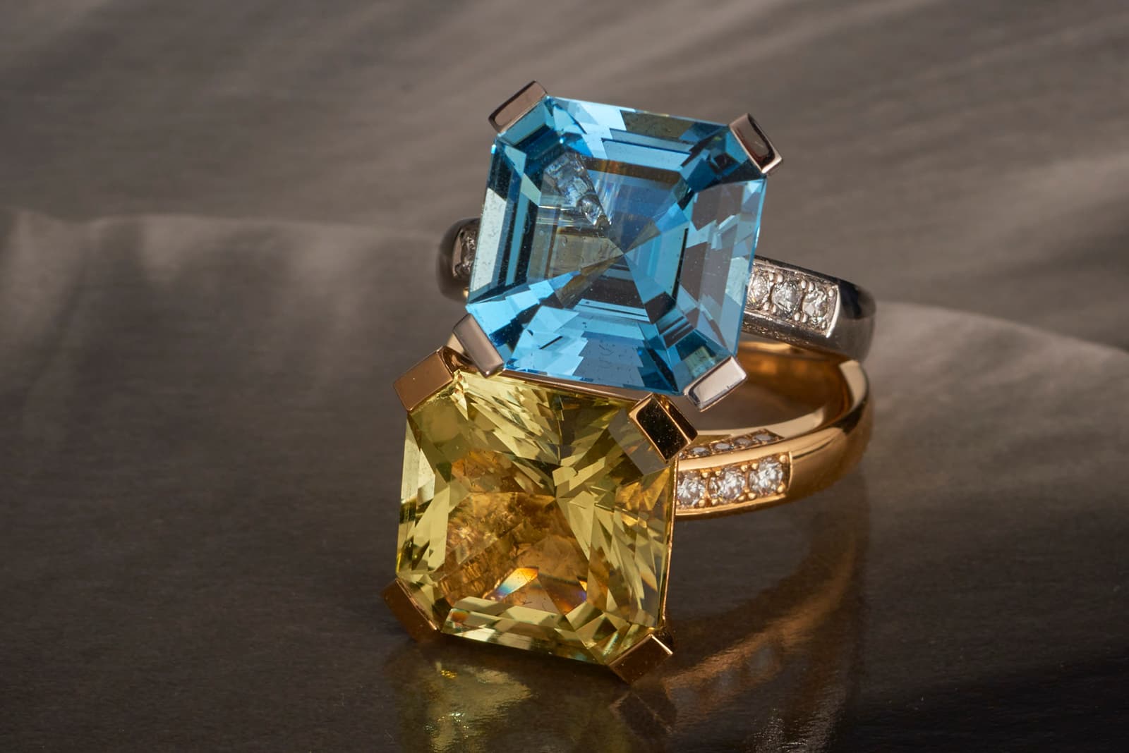  Leyser cocktail rings set with a golden beryl and aquamarine with diamonds