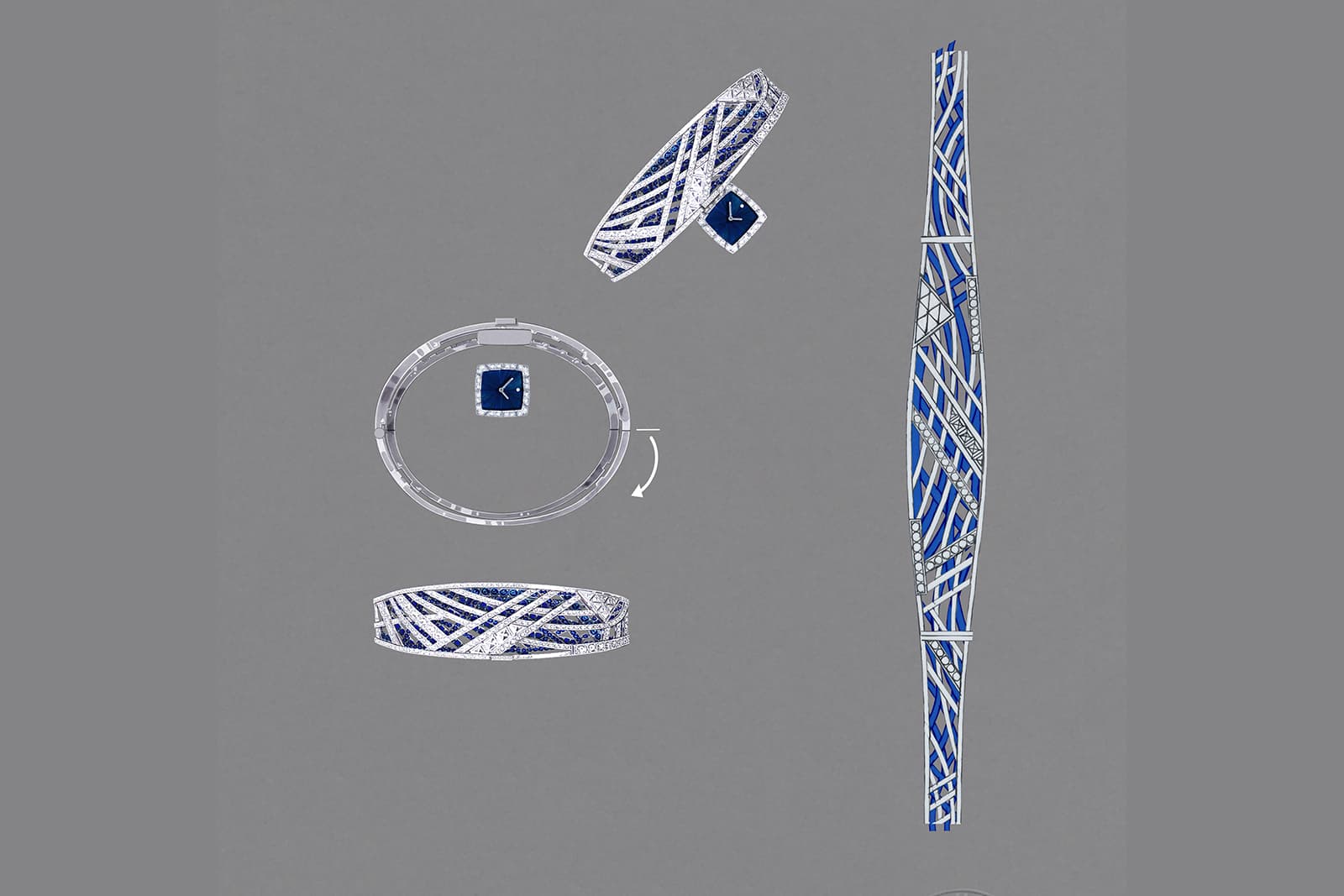  Perspectives de Chaumet Mirage high jewellery secret watch in white gold, with a removable  navy blue sunray dial