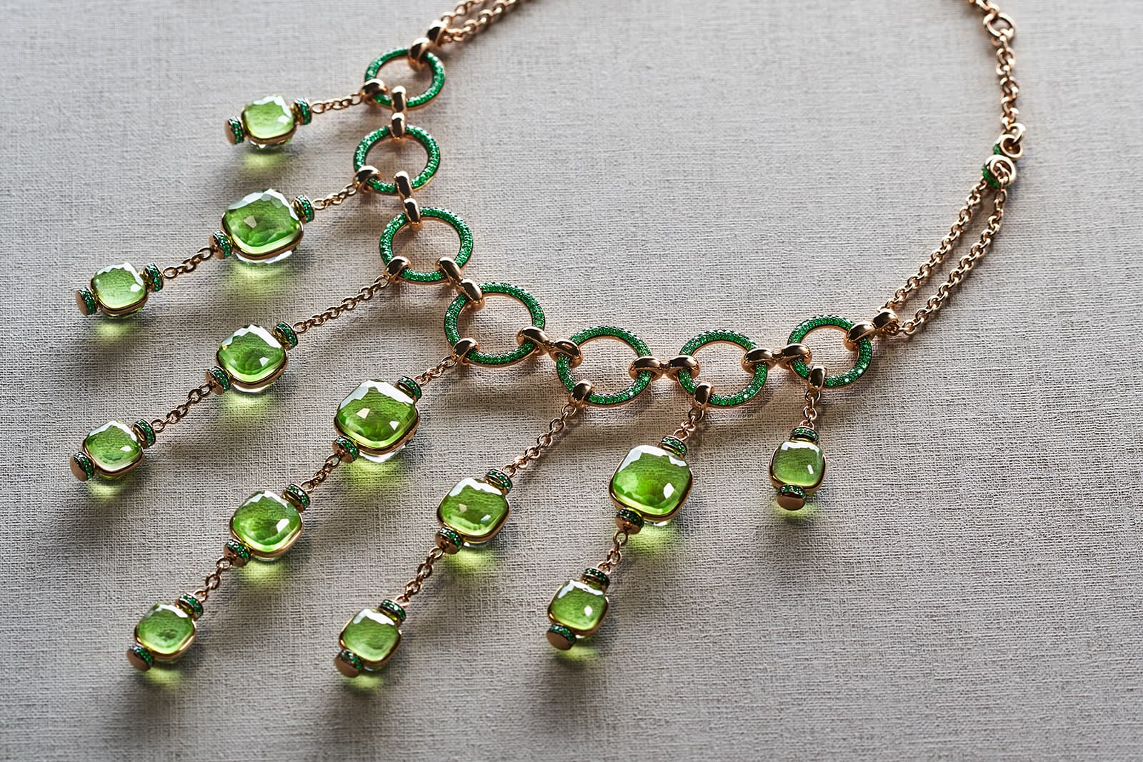 Pomellato's Nudo Cascade peridot high jewellery necklace with tsavorite accents, inspired by the iconic Nudo collection