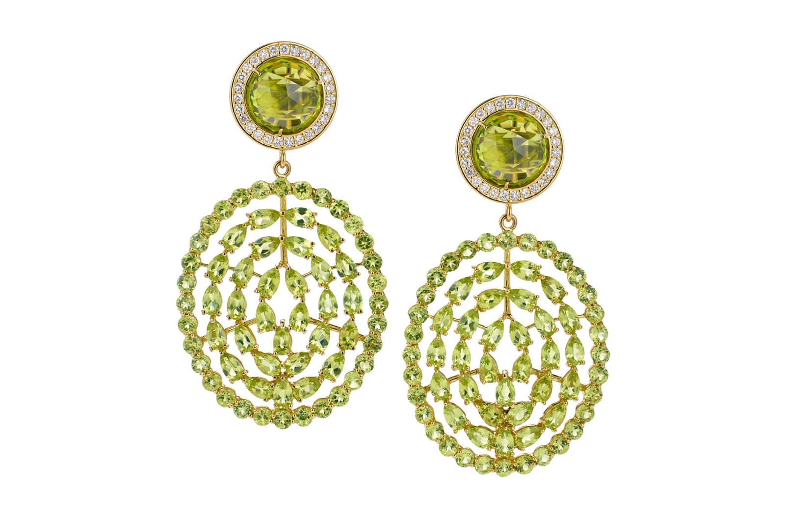  Misahara Plima peridot earrings with diamonds in 18 carat yellow gold