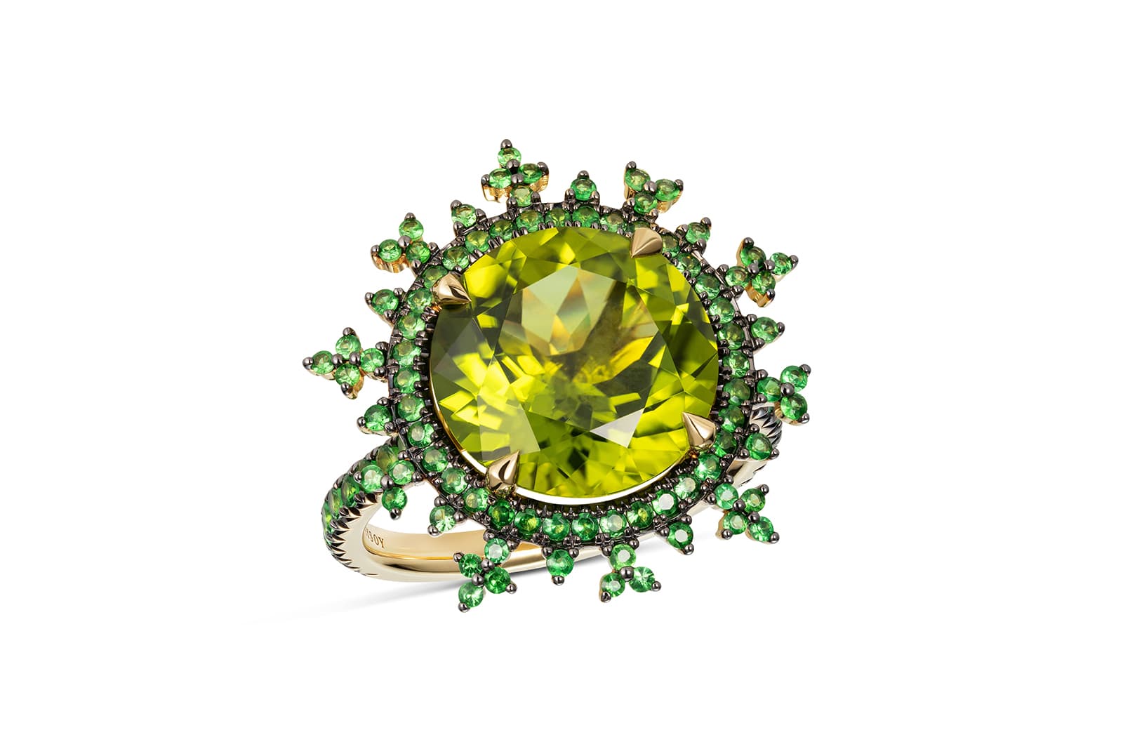 Nadine Aysoy Tsarina Apple Flake peridot ring in 18 carat yellow gold with tsavorite accents